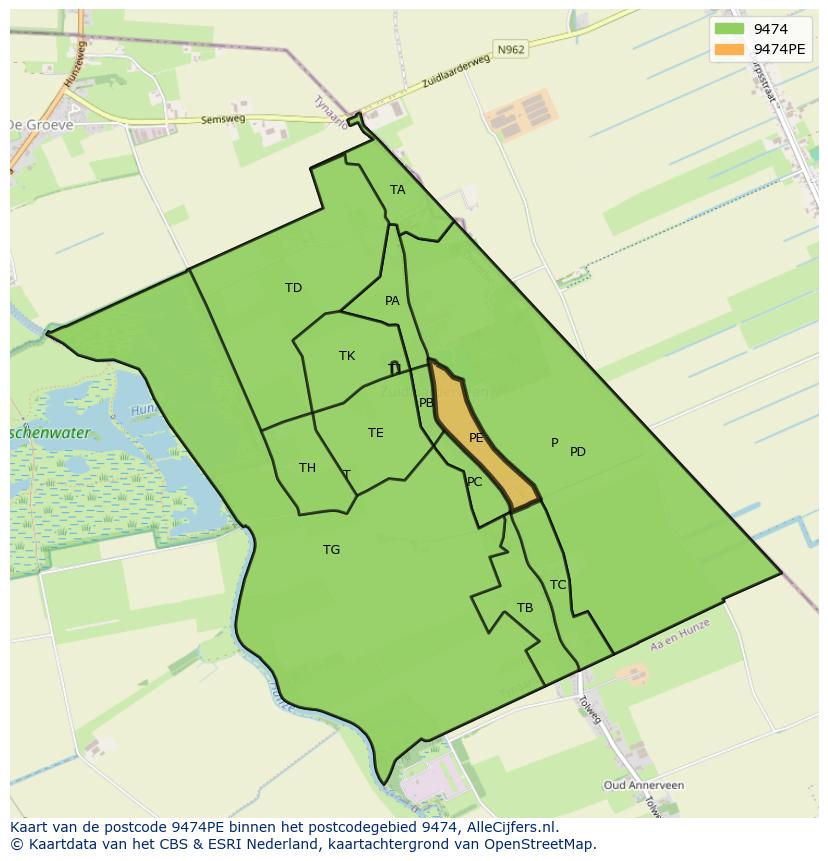 Afbeelding van het postcodegebied 9474 PE op de kaart.