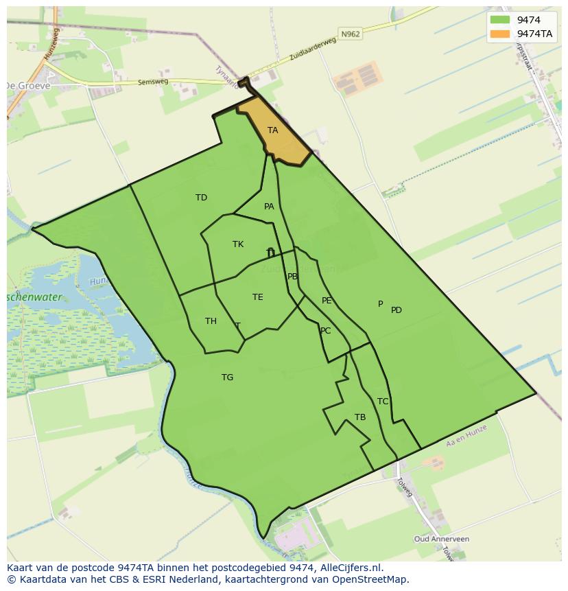 Afbeelding van het postcodegebied 9474 TA op de kaart.