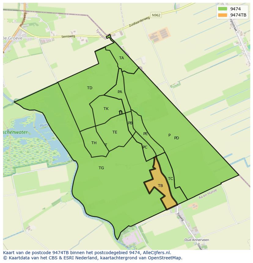 Afbeelding van het postcodegebied 9474 TB op de kaart.