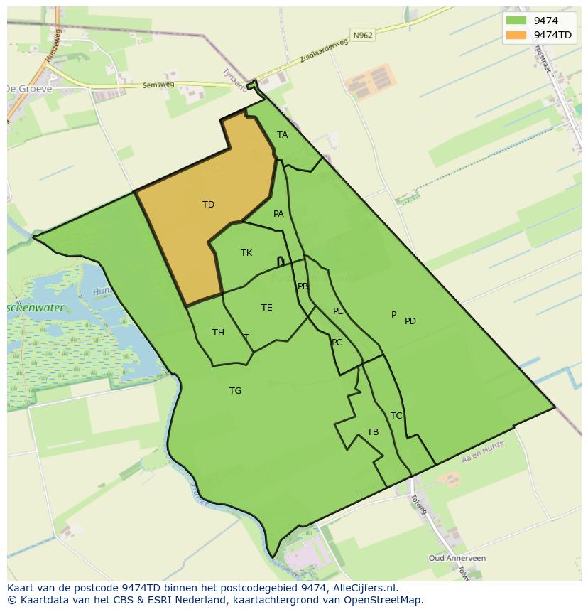 Afbeelding van het postcodegebied 9474 TD op de kaart.