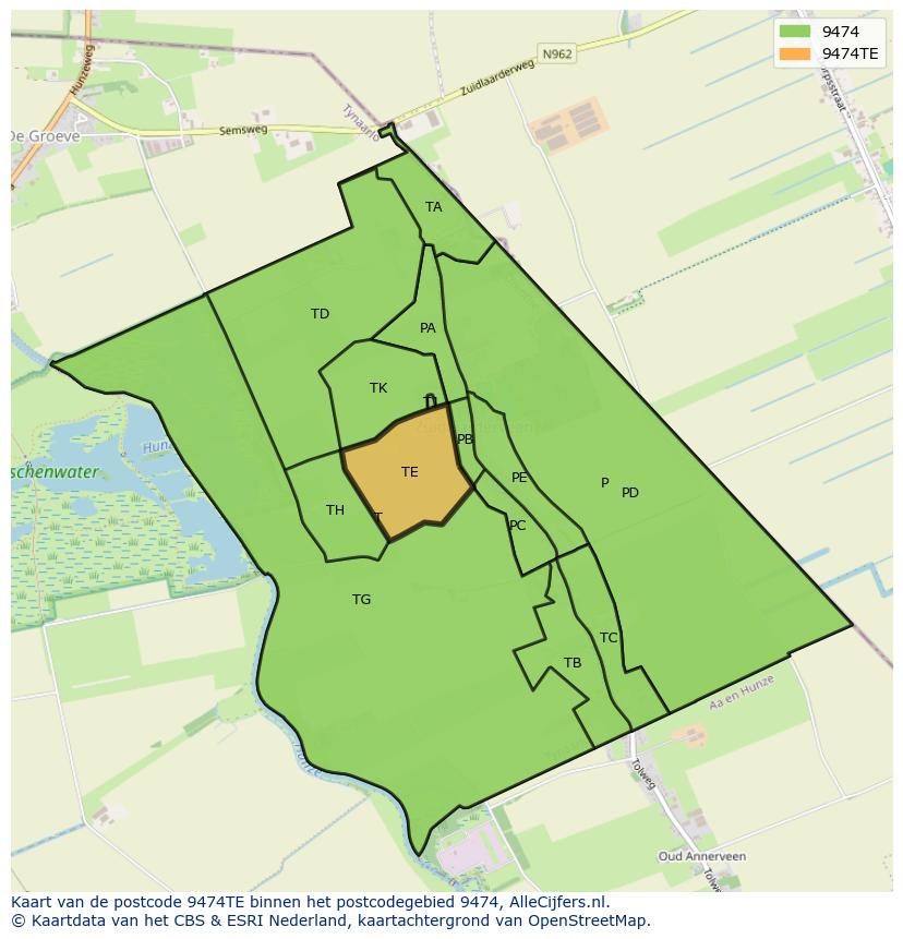 Afbeelding van het postcodegebied 9474 TE op de kaart.