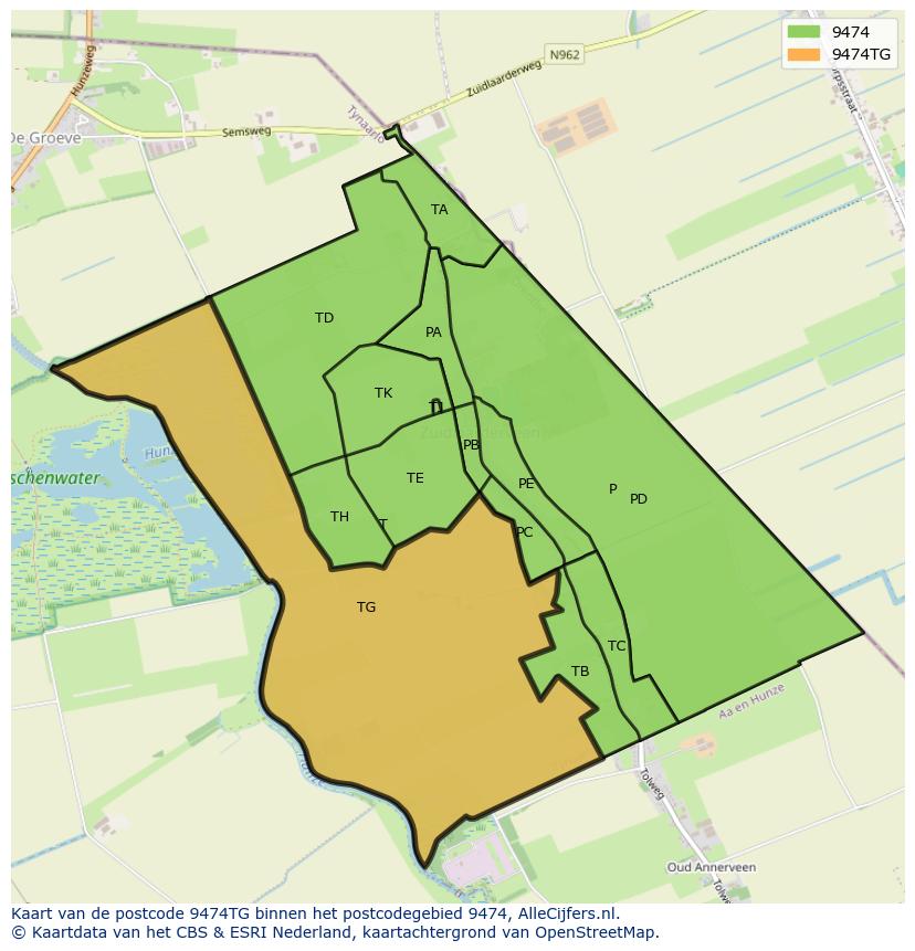 Afbeelding van het postcodegebied 9474 TG op de kaart.