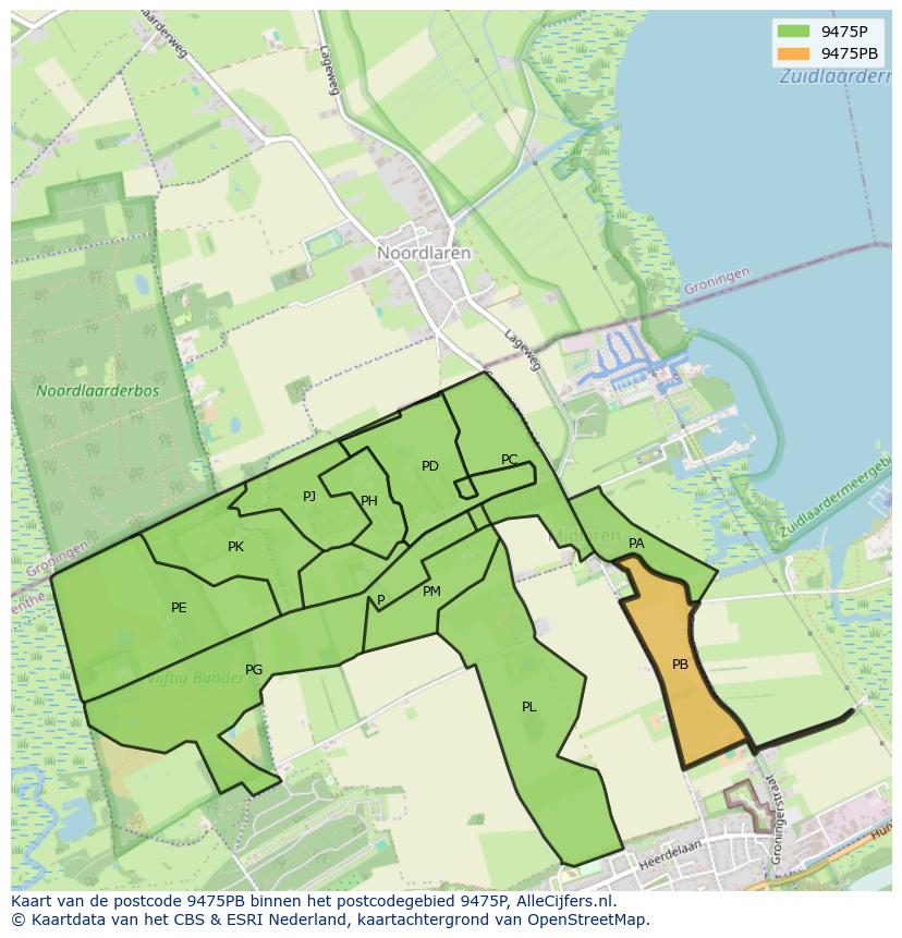 Afbeelding van het postcodegebied 9475 PB op de kaart.