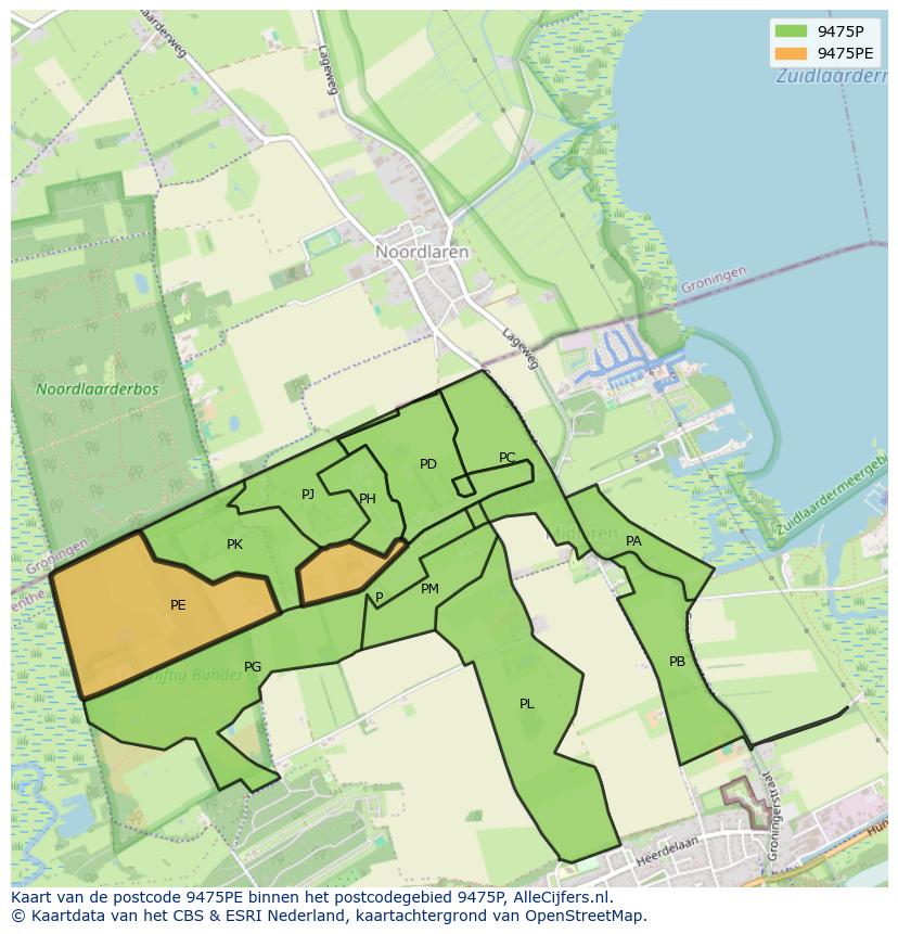 Afbeelding van het postcodegebied 9475 PE op de kaart.