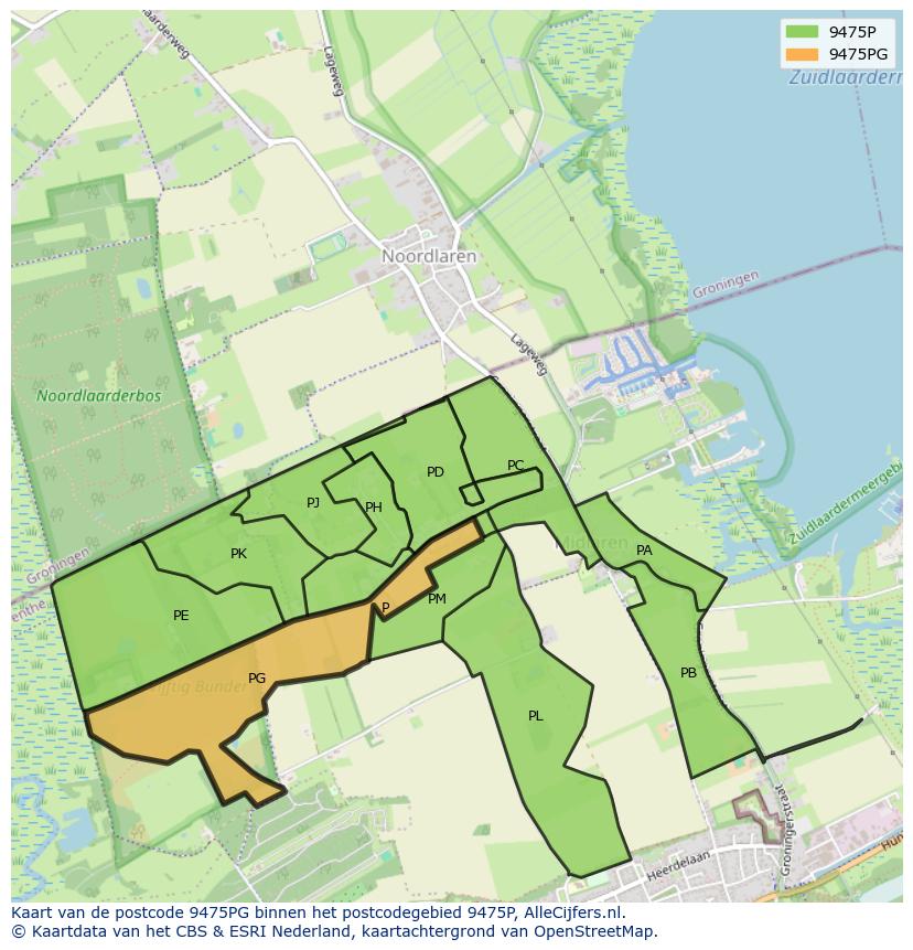 Afbeelding van het postcodegebied 9475 PG op de kaart.