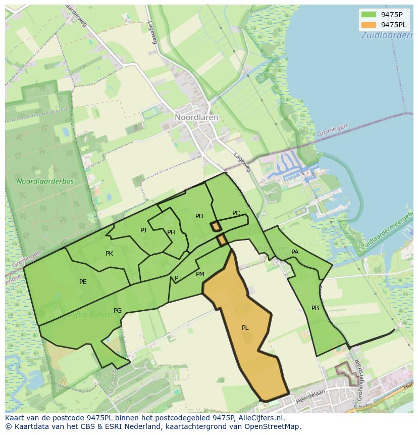 Afbeelding van het postcodegebied 9475 PL op de kaart.