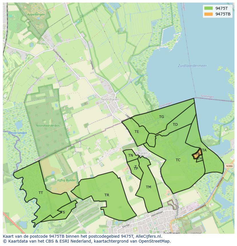 Afbeelding van het postcodegebied 9475 TB op de kaart.
