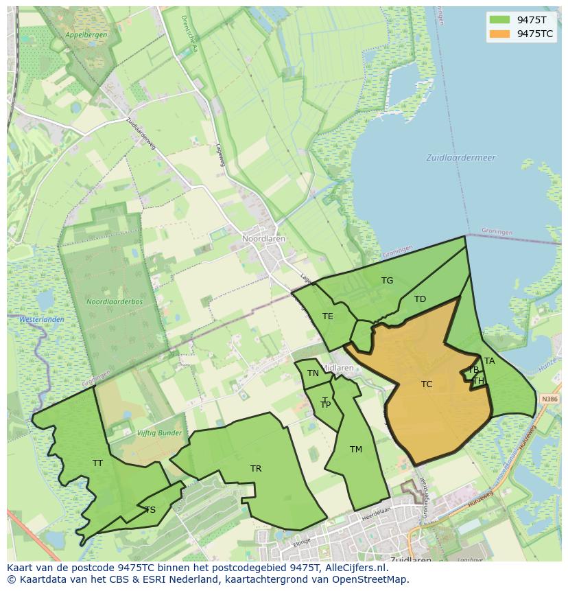 Afbeelding van het postcodegebied 9475 TC op de kaart.