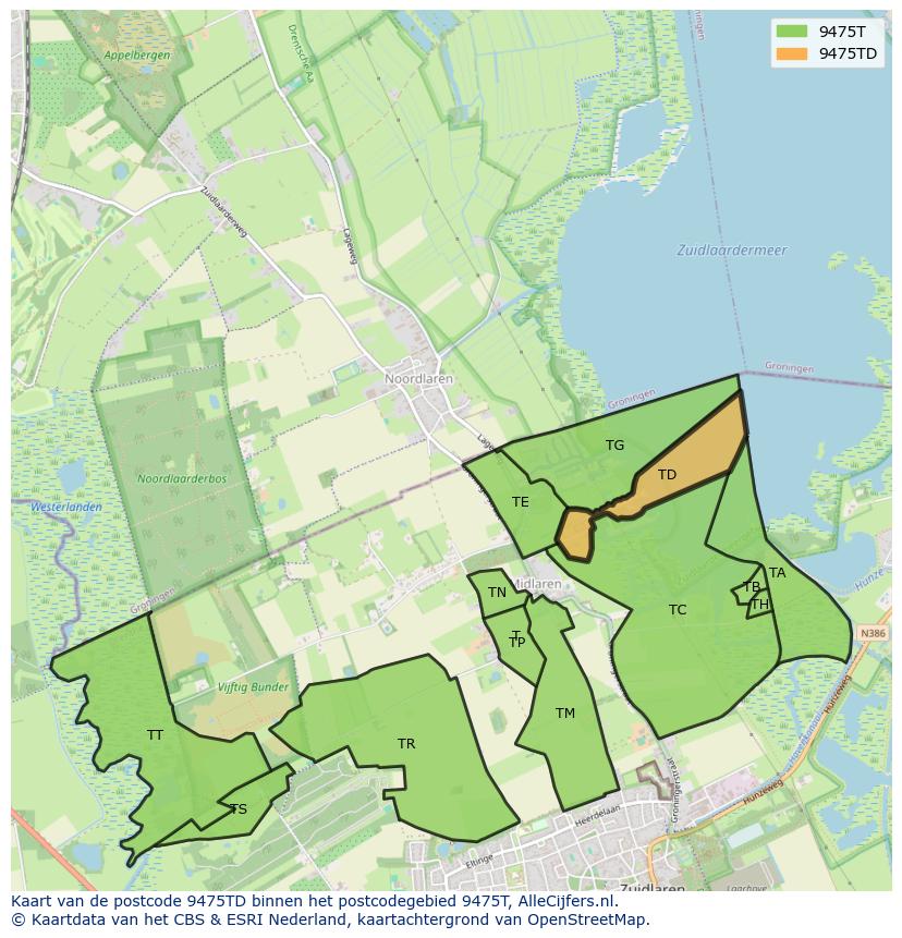 Afbeelding van het postcodegebied 9475 TD op de kaart.