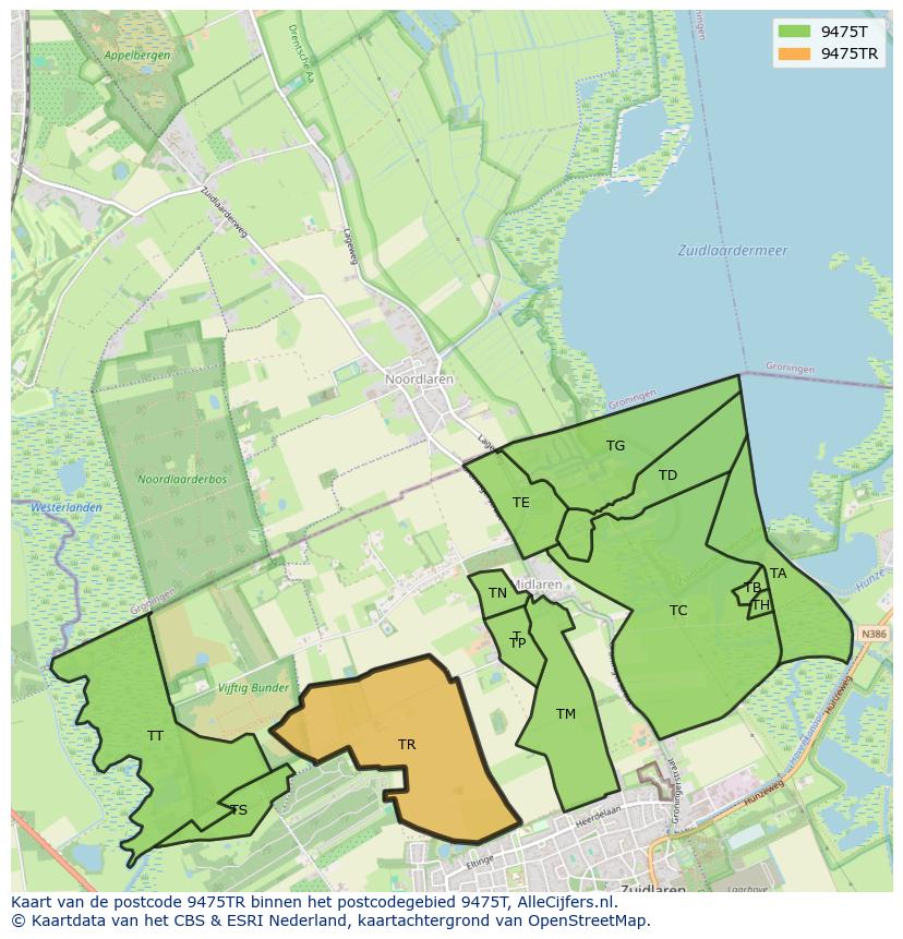 Afbeelding van het postcodegebied 9475 TR op de kaart.