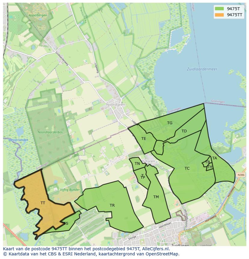 Afbeelding van het postcodegebied 9475 TT op de kaart.