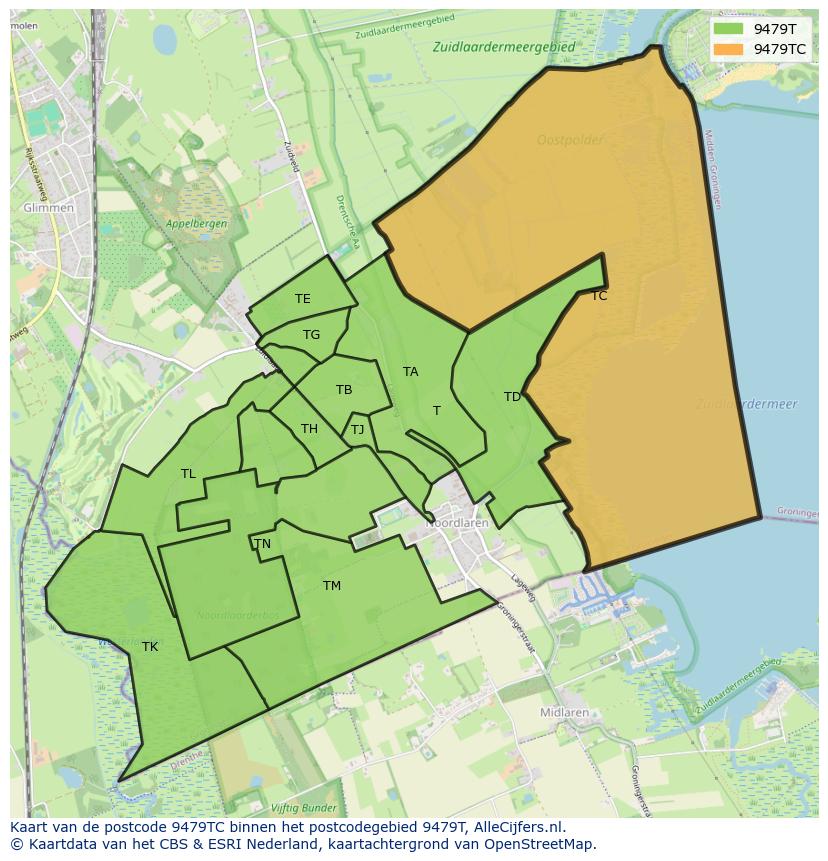 Afbeelding van het postcodegebied 9479 TC op de kaart.
