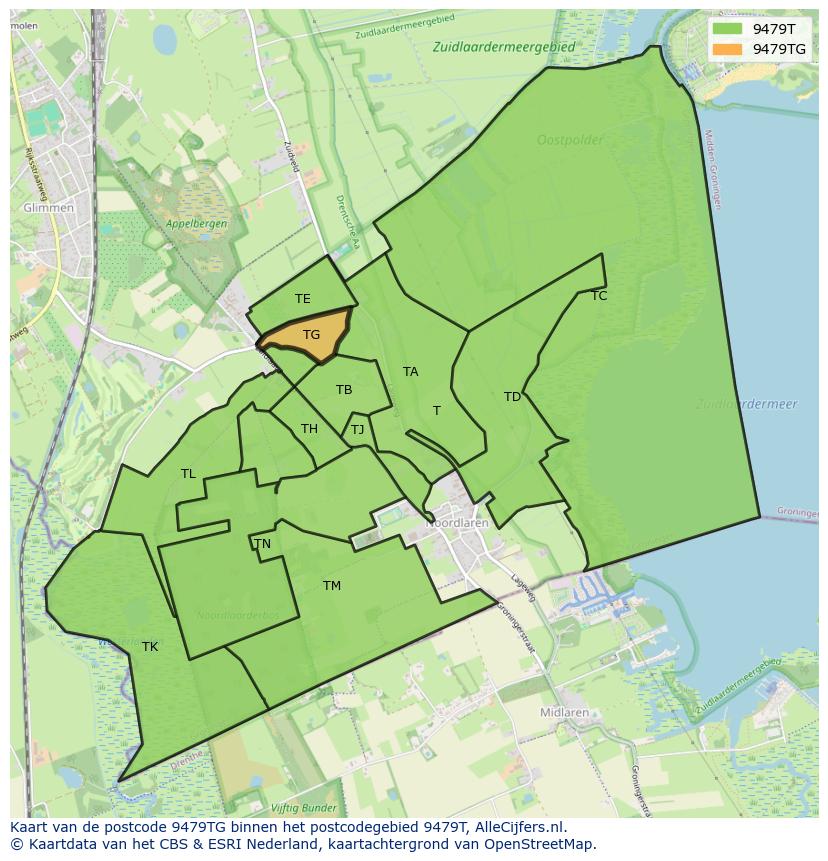 Afbeelding van het postcodegebied 9479 TG op de kaart.