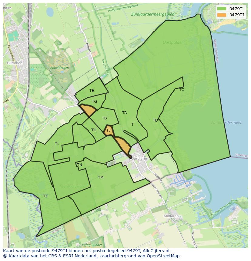 Afbeelding van het postcodegebied 9479 TJ op de kaart.