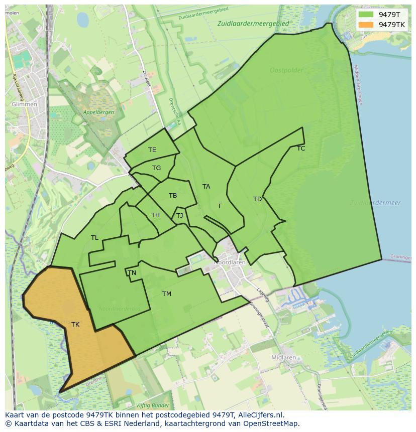 Afbeelding van het postcodegebied 9479 TK op de kaart.
