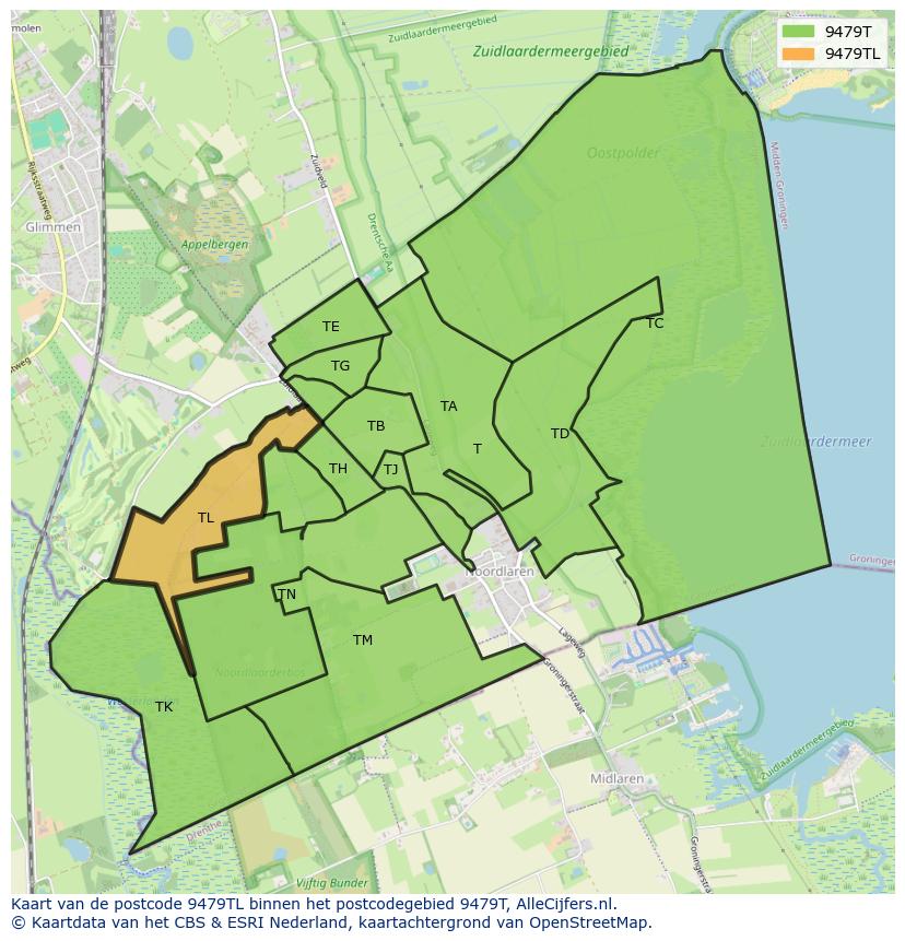Afbeelding van het postcodegebied 9479 TL op de kaart.