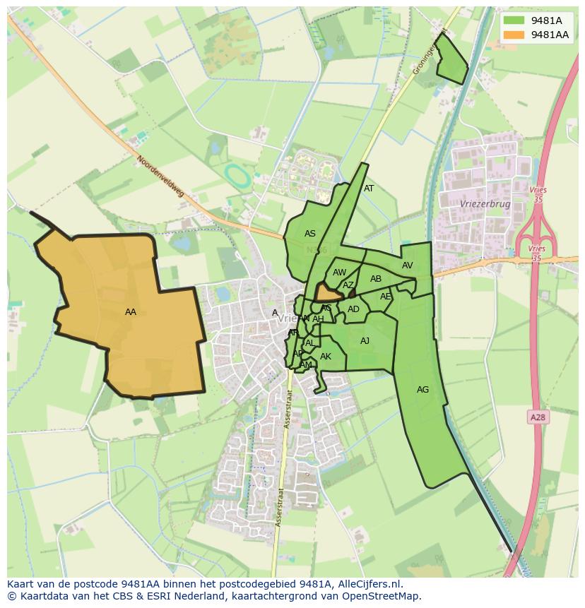 Afbeelding van het postcodegebied 9481 AA op de kaart.