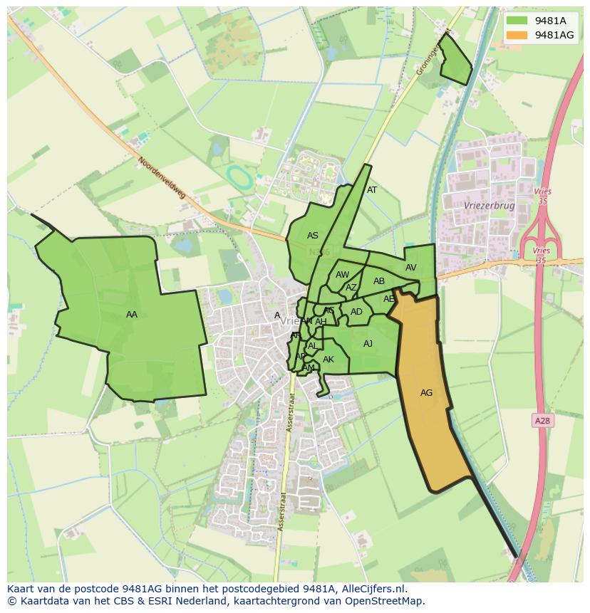 Afbeelding van het postcodegebied 9481 AG op de kaart.