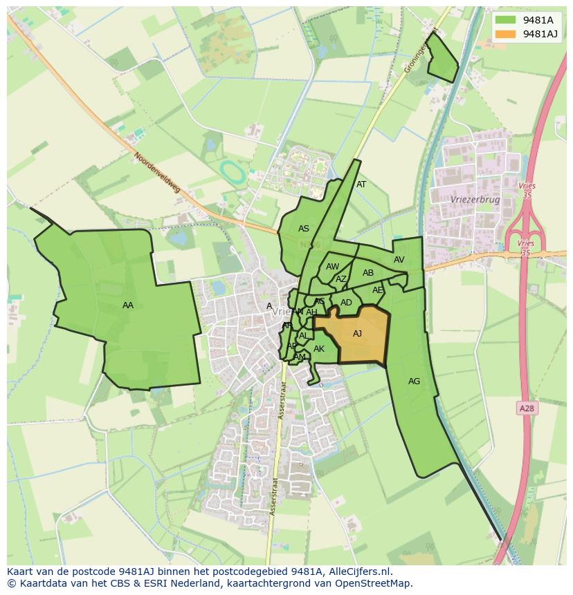 Afbeelding van het postcodegebied 9481 AJ op de kaart.