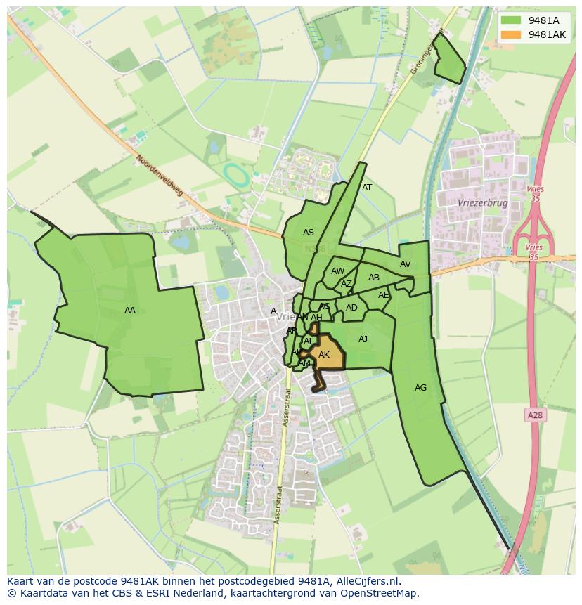 Afbeelding van het postcodegebied 9481 AK op de kaart.