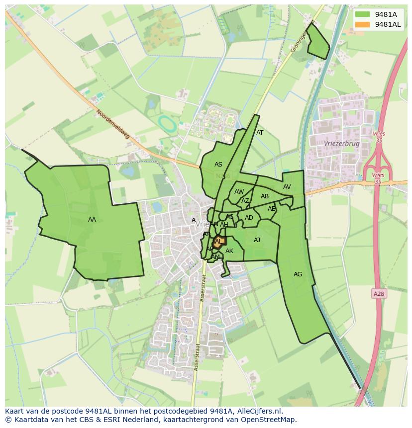 Afbeelding van het postcodegebied 9481 AL op de kaart.
