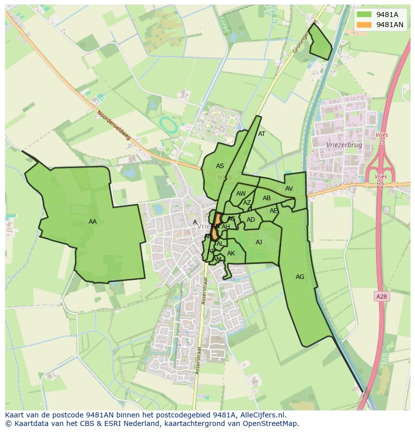 Afbeelding van het postcodegebied 9481 AN op de kaart.