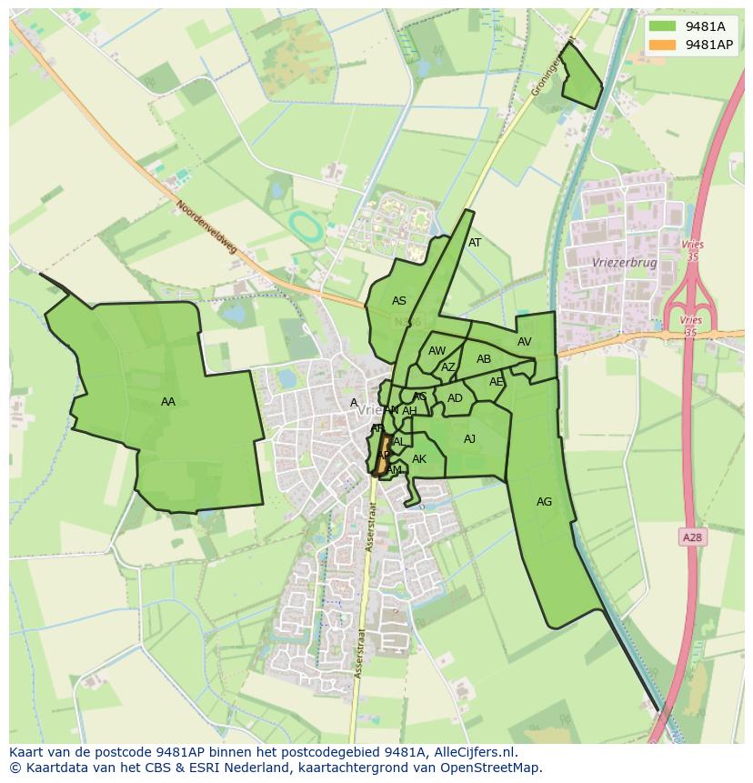 Afbeelding van het postcodegebied 9481 AP op de kaart.