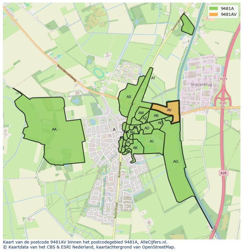 Afbeelding van het postcodegebied 9481 AV op de kaart.