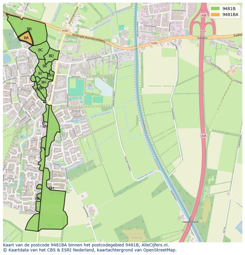 Afbeelding van het postcodegebied 9481 BA op de kaart.