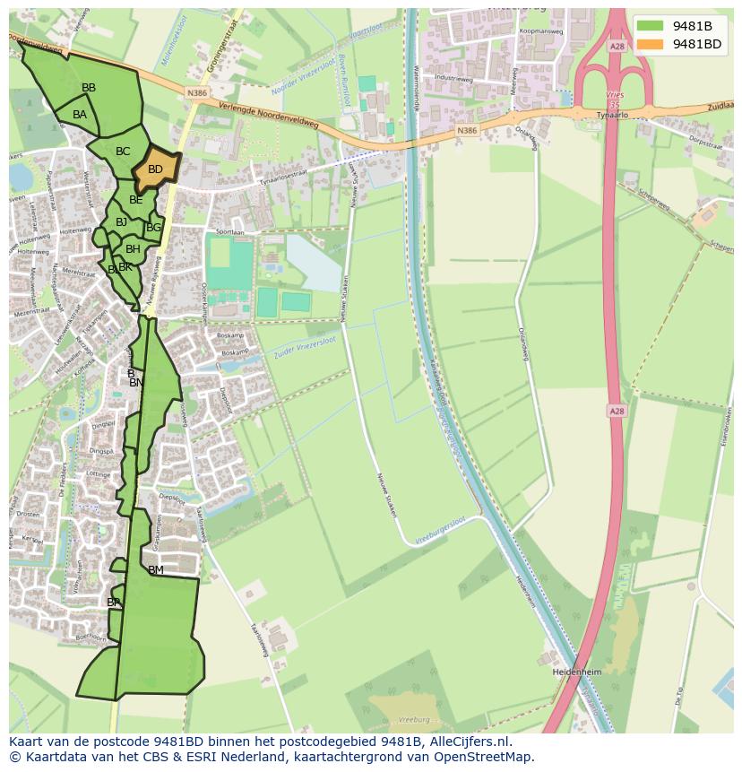 Afbeelding van het postcodegebied 9481 BD op de kaart.