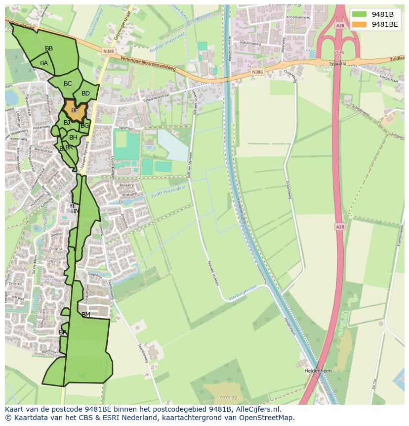 Afbeelding van het postcodegebied 9481 BE op de kaart.