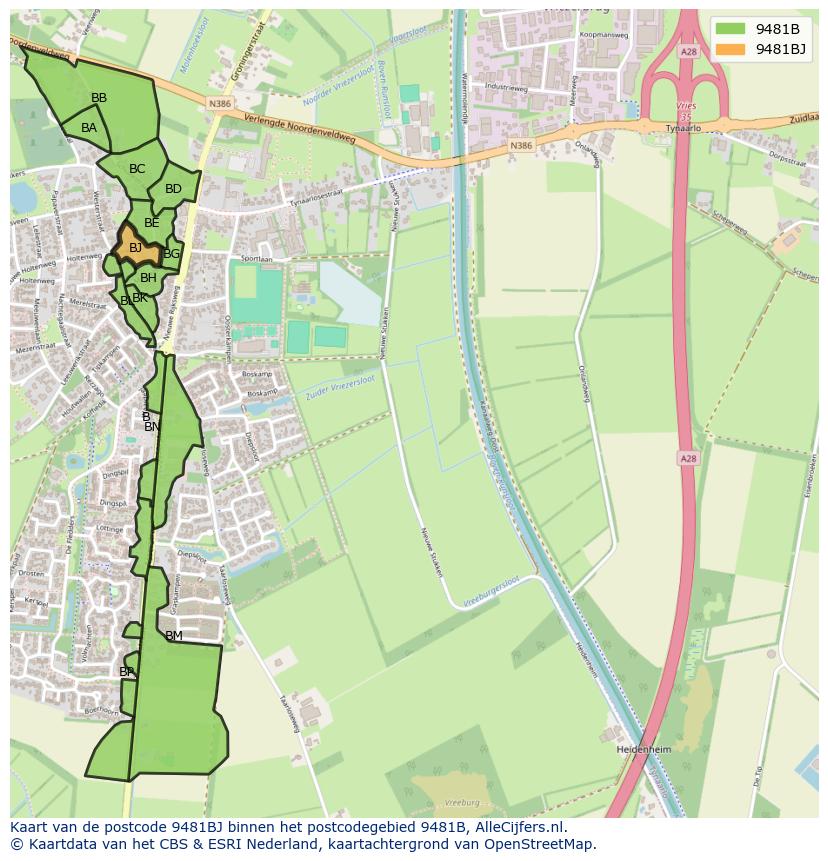 Afbeelding van het postcodegebied 9481 BJ op de kaart.