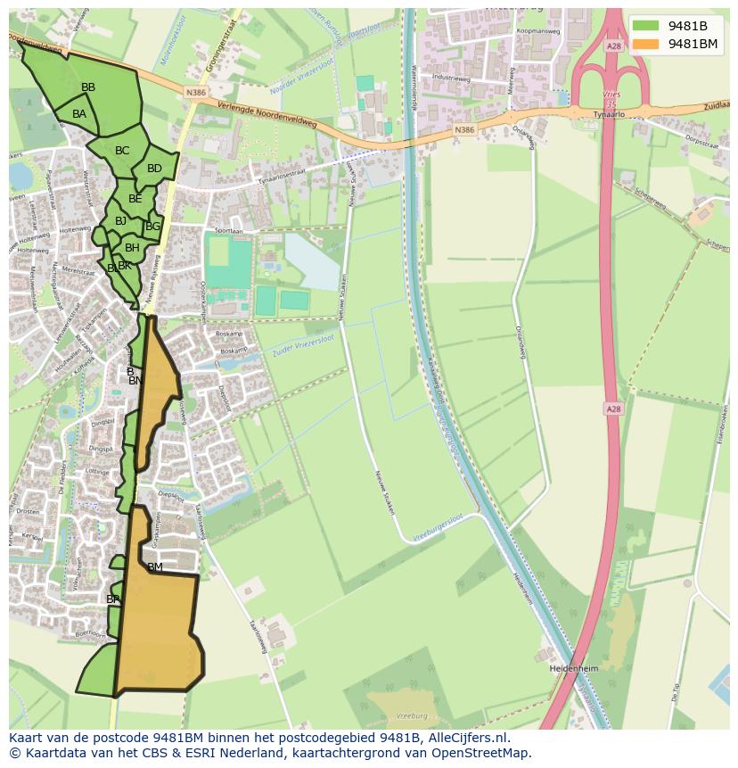 Afbeelding van het postcodegebied 9481 BM op de kaart.