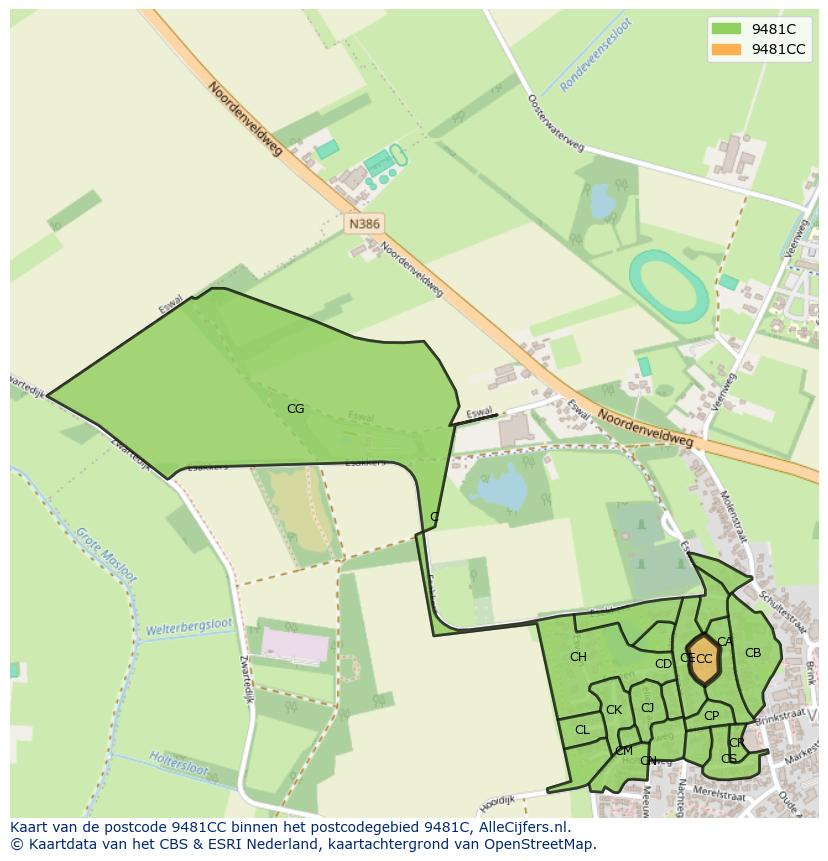 Afbeelding van het postcodegebied 9481 CC op de kaart.