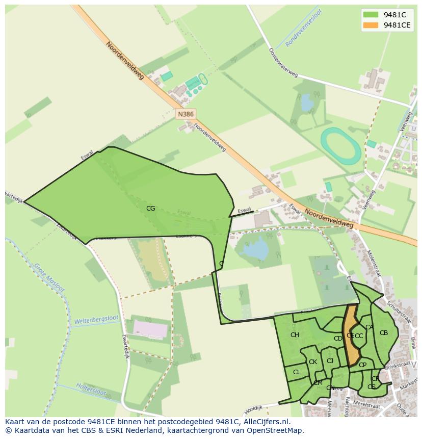 Afbeelding van het postcodegebied 9481 CE op de kaart.