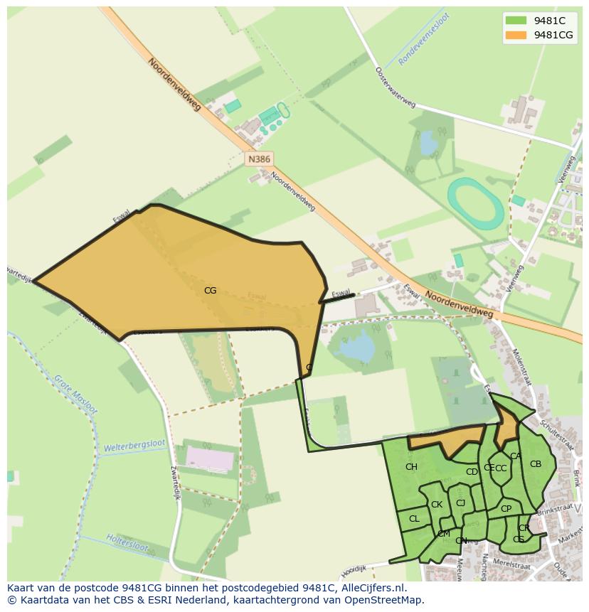 Afbeelding van het postcodegebied 9481 CG op de kaart.