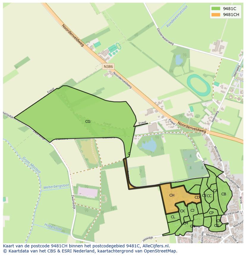Afbeelding van het postcodegebied 9481 CH op de kaart.