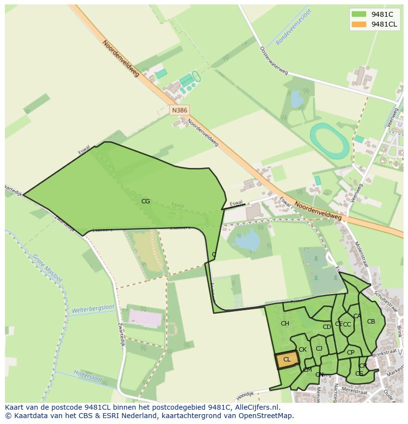 Afbeelding van het postcodegebied 9481 CL op de kaart.