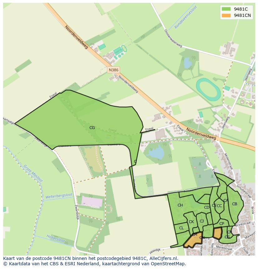 Afbeelding van het postcodegebied 9481 CN op de kaart.