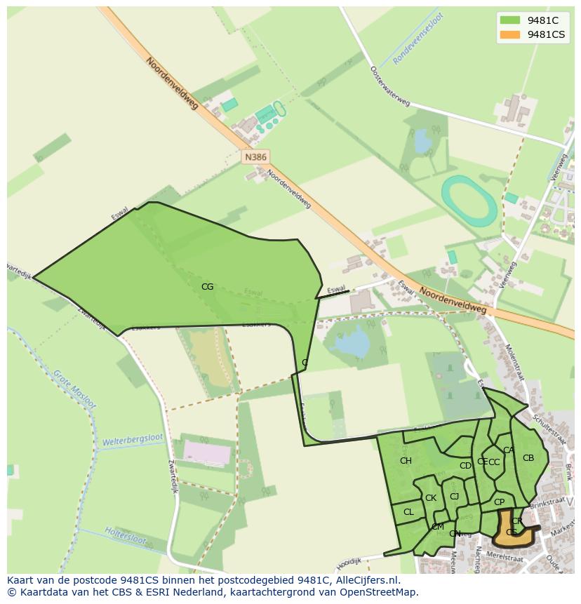 Afbeelding van het postcodegebied 9481 CS op de kaart.