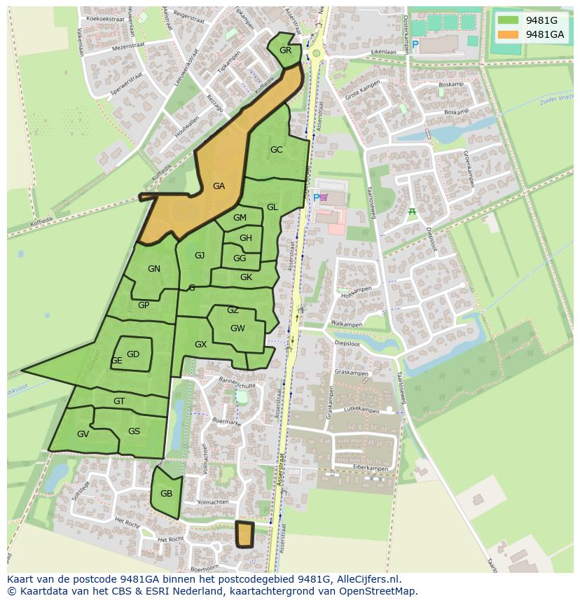 Afbeelding van het postcodegebied 9481 GA op de kaart.