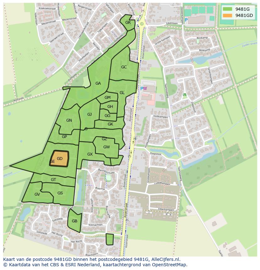 Afbeelding van het postcodegebied 9481 GD op de kaart.