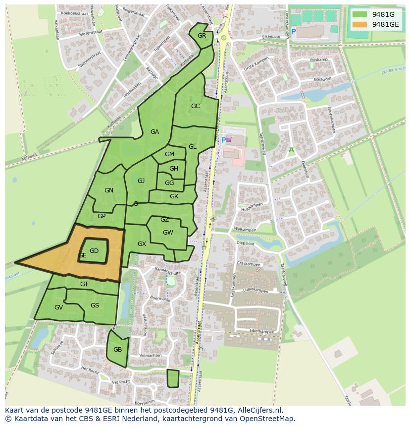 Afbeelding van het postcodegebied 9481 GE op de kaart.