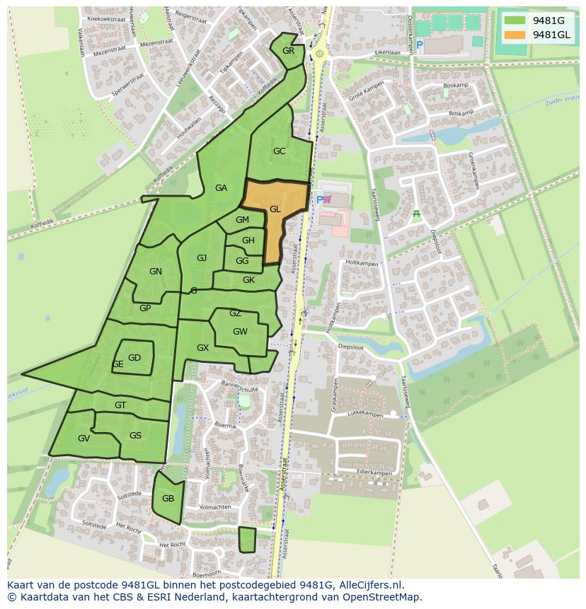 Afbeelding van het postcodegebied 9481 GL op de kaart.