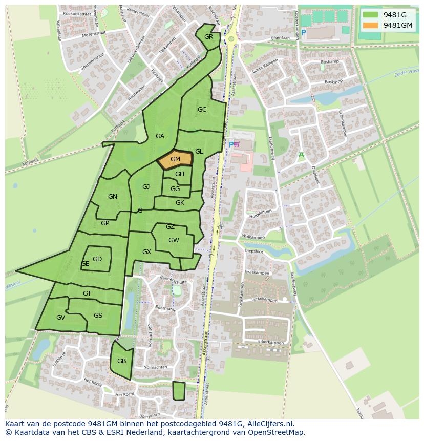 Afbeelding van het postcodegebied 9481 GM op de kaart.