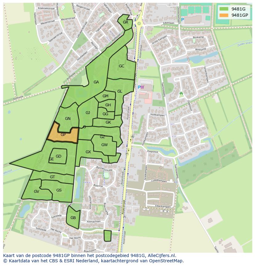 Afbeelding van het postcodegebied 9481 GP op de kaart.