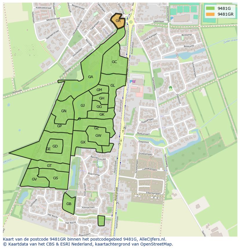 Afbeelding van het postcodegebied 9481 GR op de kaart.