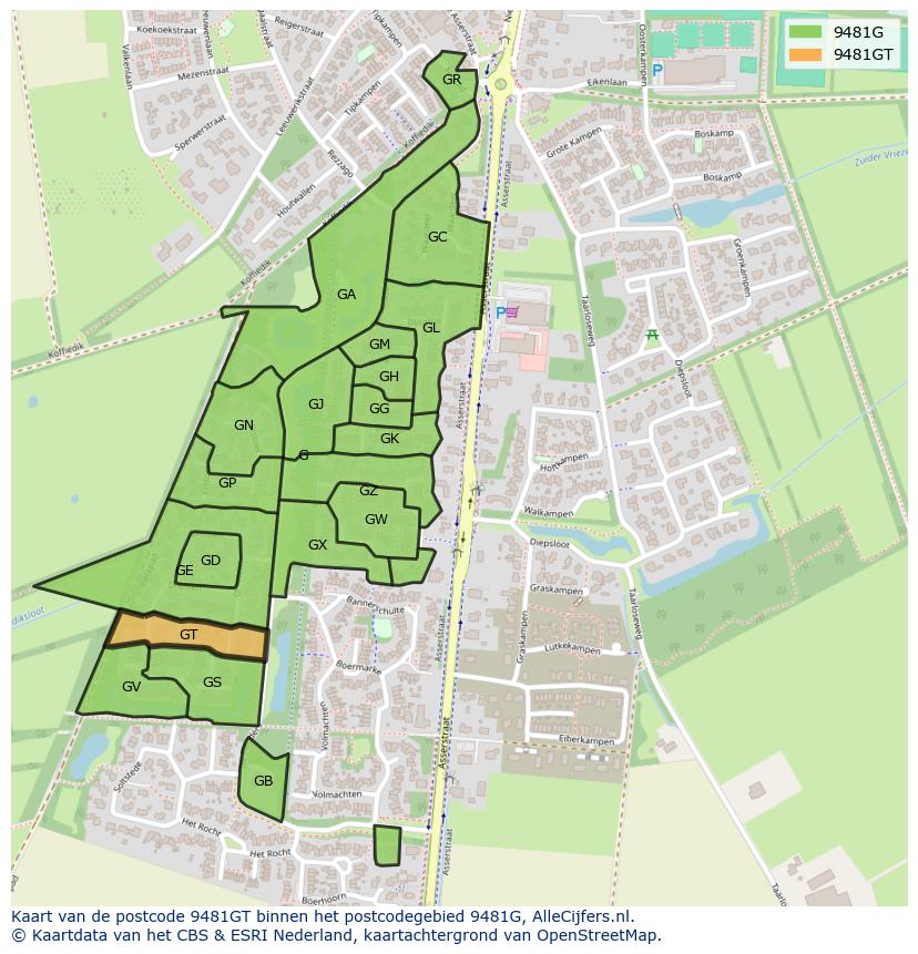 Afbeelding van het postcodegebied 9481 GT op de kaart.