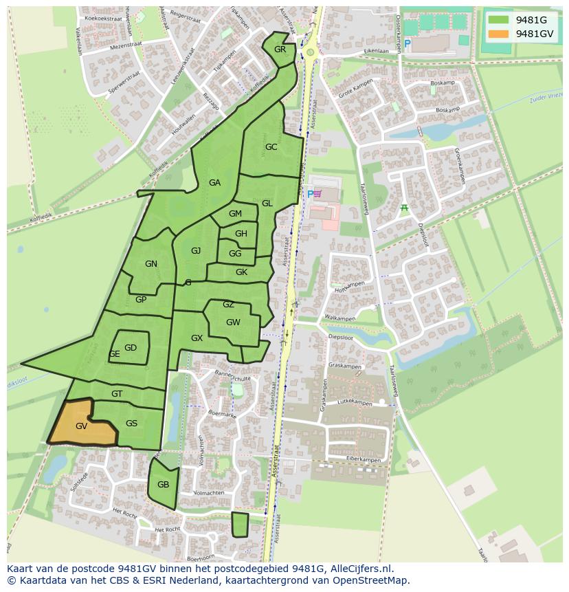 Afbeelding van het postcodegebied 9481 GV op de kaart.