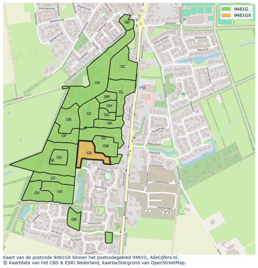 Afbeelding van het postcodegebied 9481 GX op de kaart.